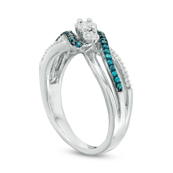 033 CT TW Enhanced Blue and White Natural Diamond Three Stone Bypass Ring in Sterling Silver Goldia Rings