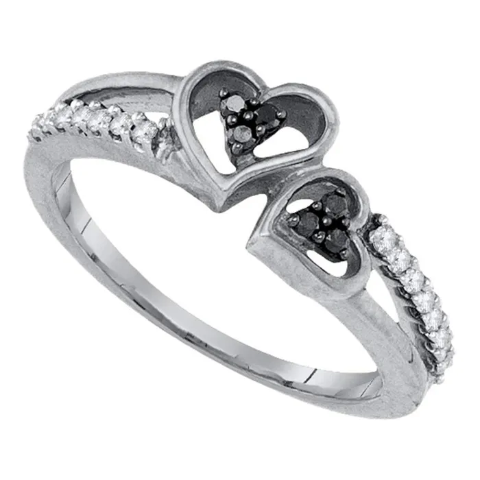 gndatlanta Rings Sterling Silver Round Black Diamond Double Heart Ring 15 Cttw