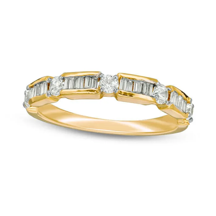 Goldia Rings 050 CT TW Baguette and Round Natural Diamond Alternating Wedding Band in Solid 10K Yellow Gold