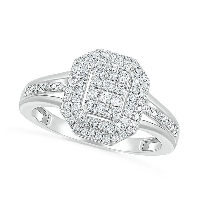 Goldia Rings 050 CT TW Composite Natural Diamond Double Octagonal Frame Split Shank Ring in Solid 10K White Gold