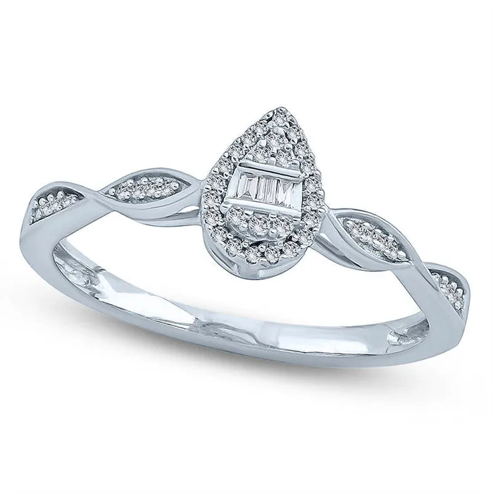 Rings 010 CT TW Composite Natural Diamond PearShaped Frame Twist Promise Ring in Solid 10K White Gold Goldia