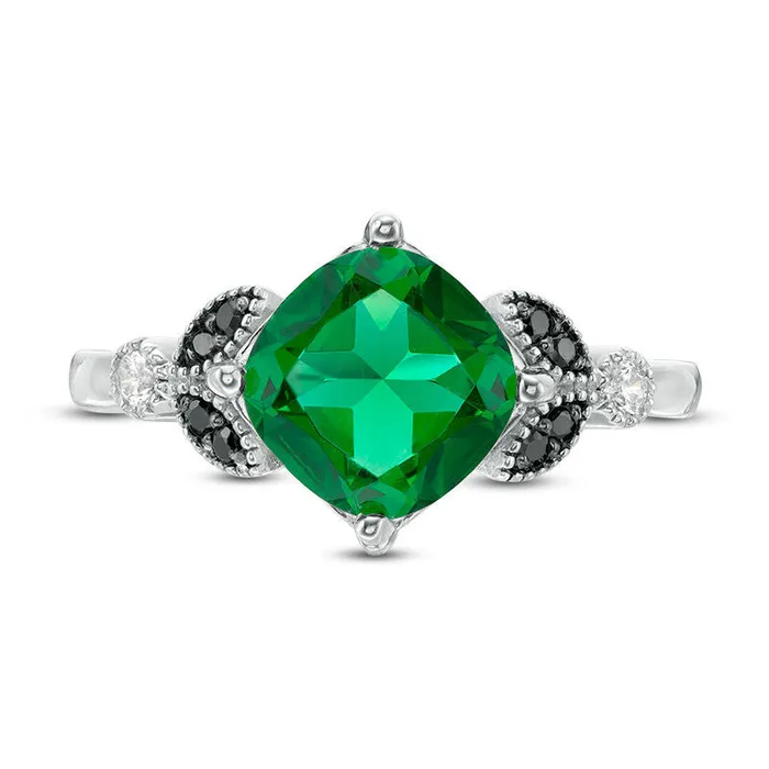 Rings Goldia 80mm CushionCut LabCreated Emerald and 010 CT TW Enhanced Black and White Diamond Leaves Ring in Sterling Silver