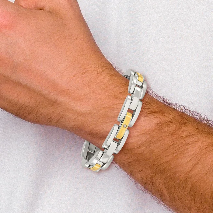 Bracelets Chisel Stainless Steel with 14k Gold Accent with 110 carat Diamond Brushed and Polished 825 inch Bracelet TreasureFineJewelers