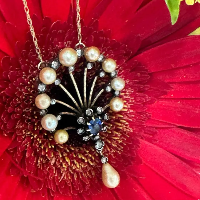 Circa 1860 Rose Cut Diamond and Sapphire Pendant Necklace 23500214 ONeills Estate Jewelry Necklaces Circa 1860 Rose Cut Diamond and Sapphire Pendant Necklace 23500214 ONeills Estate Jewelry Necklaces