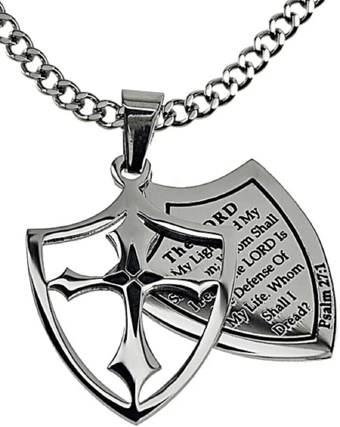 Necklaces North Arrow Shop The Lord Is My Light Necklace Two Piece Cross Shield with Bible Verse Stainless Steel Curb Chain
