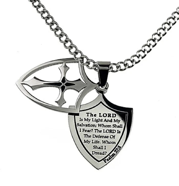 Necklaces North Arrow Shop The Lord Is My Light Necklace Two Piece Cross Shield with Bible Verse Stainless Steel Curb Chain Necklaces North Arrow Shop The Lord Is My Light Necklace Two Piece Cross Shield with Bible Verse Stainless Steel Curb Chain