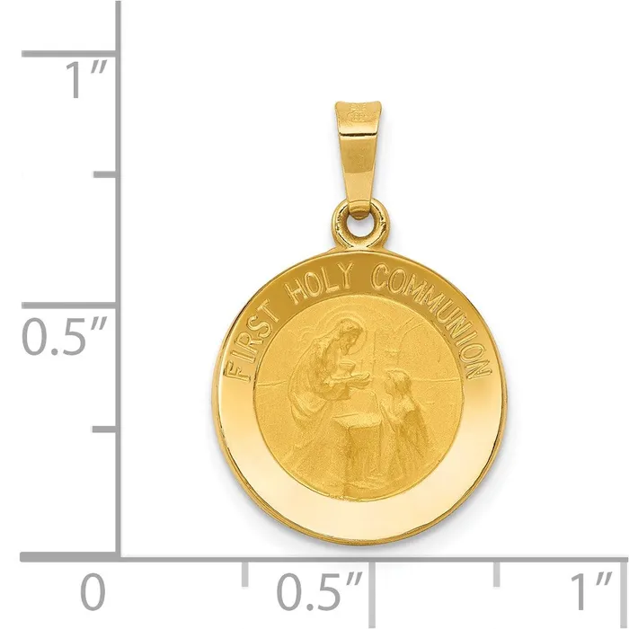 Necklaces TreasureFineJewelers 14k Yellow Gold PolishedSatin First Holy Communion Medal Hollow Pendant