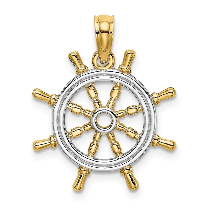 TreasureFineJewelers 14k Yellow Gold Rhodium wRhodium Ships Wheel Pendant PreStyled Sets