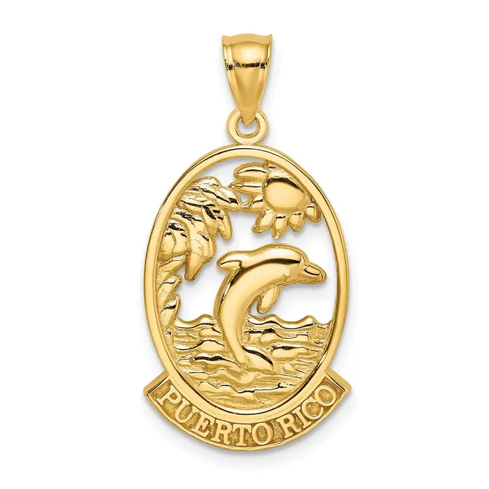 TreasureFineJewelers Charm Necklaces 14K PUERTO RICO w Dolphin Sunset Scene Charm