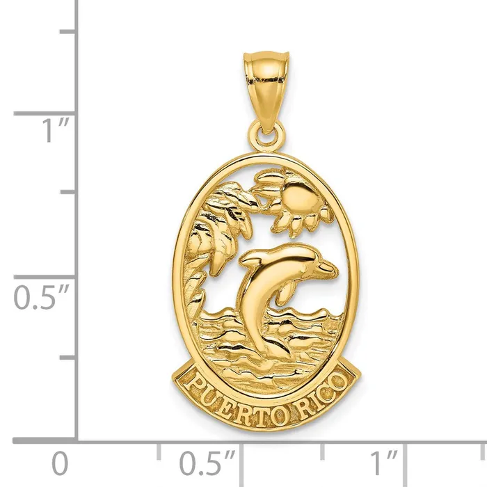 TreasureFineJewelers Charm Necklaces 14K PUERTO RICO w Dolphin Sunset Scene Charm