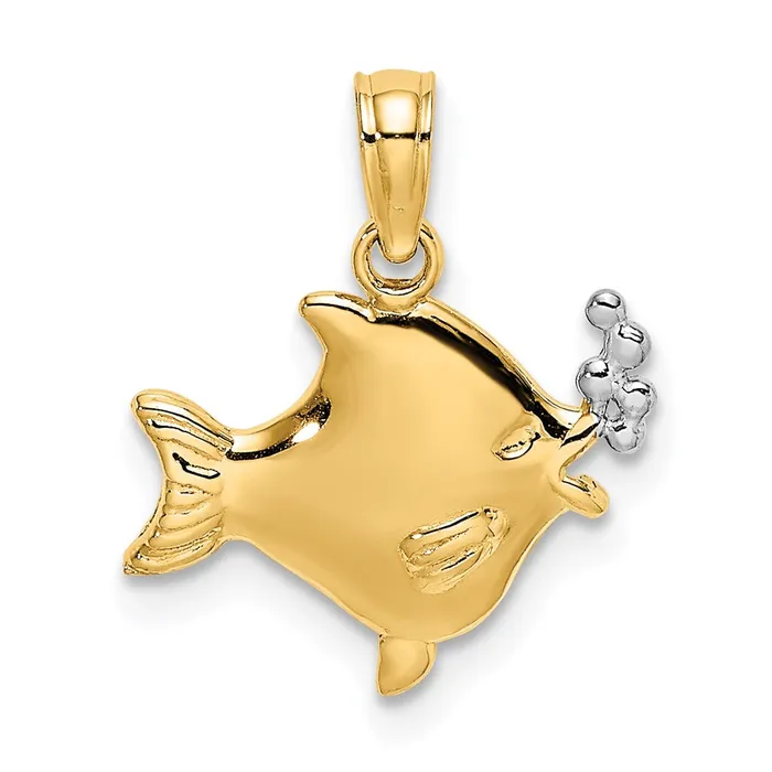 TreasureFineJewelers Charm Necklaces 14k with White Rhodium 2D Fish w Bubbles Charm