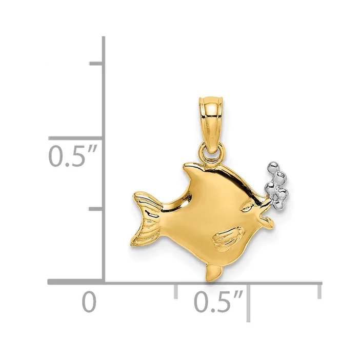 TreasureFineJewelers Charm Necklaces 14k with White Rhodium 2D Fish w Bubbles Charm