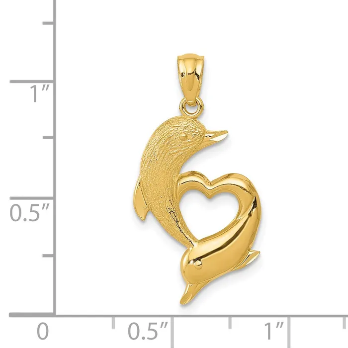 TreasureFineJewelers Necklaces 14K DC Satin and Polished Dolphins Heart Pendant