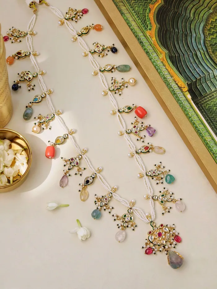 Earrings Navratna Drop Pearl String Ranihar Curio Cottage Earrings Navratna Drop Pearl String Ranihar Curio Cottage