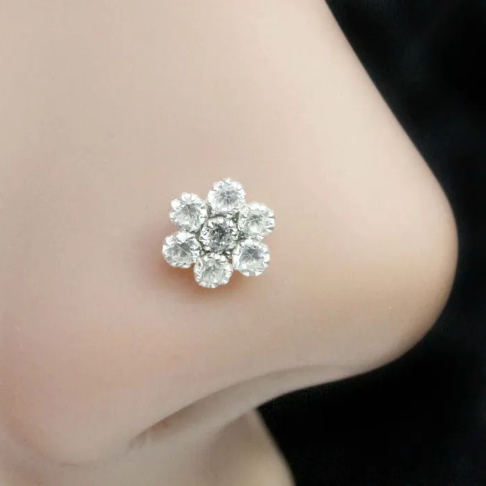 Floral 925 Sterling Silver White CZ Indian Nose ring Push Pin Karizma Jewels Rings