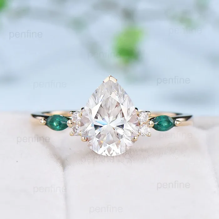 PENFINE 25 carat Pear Shaped Moissanite Ring Set vintage 8x10mm teardrop moissanite engagement ring set Cluster emerald garnet band bridal set Rings PENFINE 25 carat Pear Shaped Moissanite Ring Set vintage 8x10mm teardrop moissanite engagement ring set Cluster emerald garnet band bridal set Rings