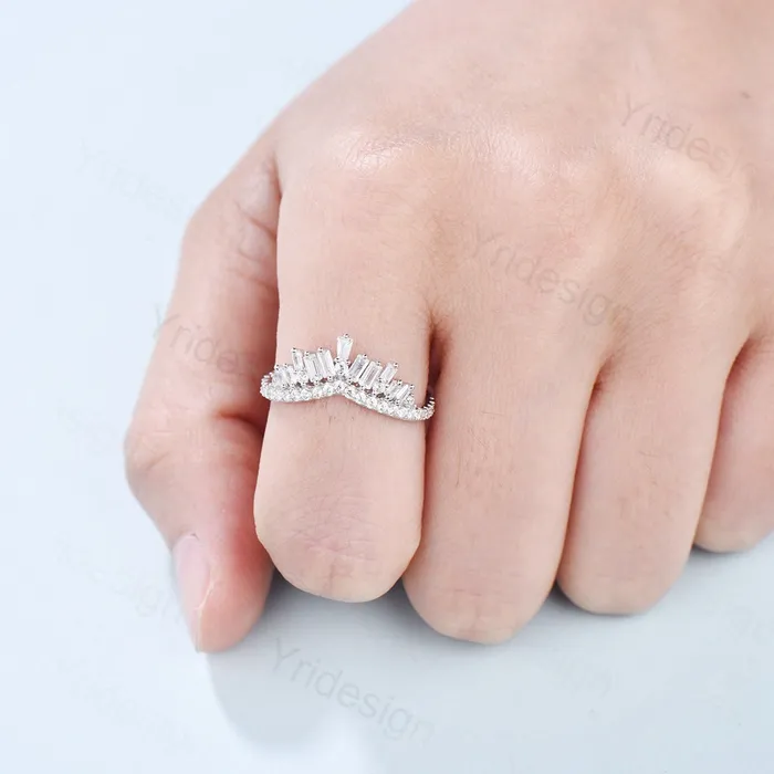 PENFINE Rings Baguette moissanite wedding band Curved diamond wedding band white gold band Vintage Antique Matching stacking Ring Bridal Anniversary band