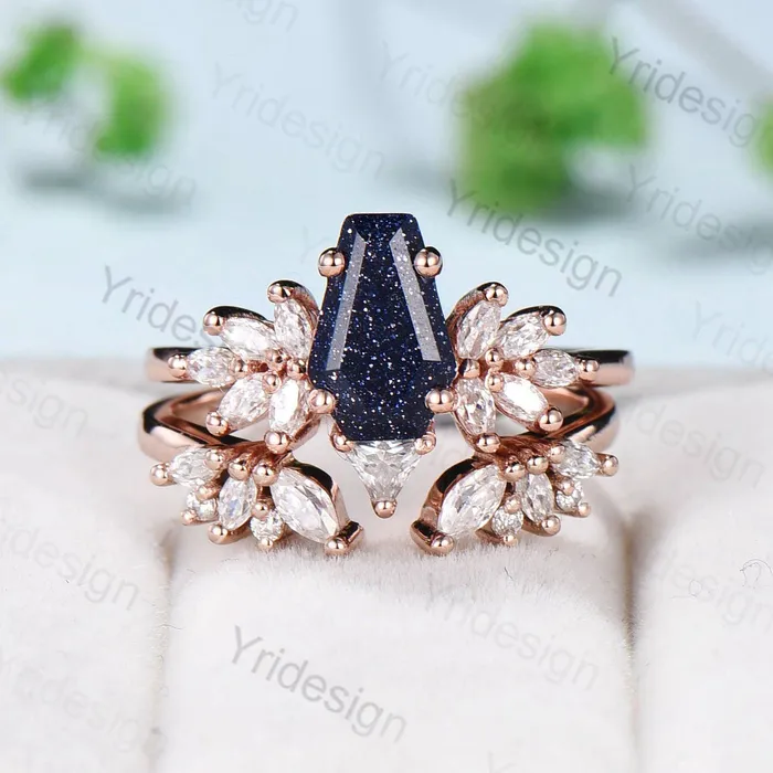 PENFINE Rings Fancy coffin shaped blue sandstone ring set vintage unique engagement ring blue star goldstone galaxy moissanite wedding bridal promise ring