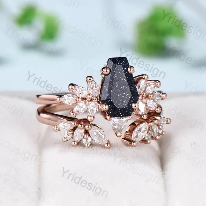 PENFINE Rings Fancy coffin shaped blue sandstone ring set vintage unique engagement ring blue star goldstone galaxy moissanite wedding bridal promise ring