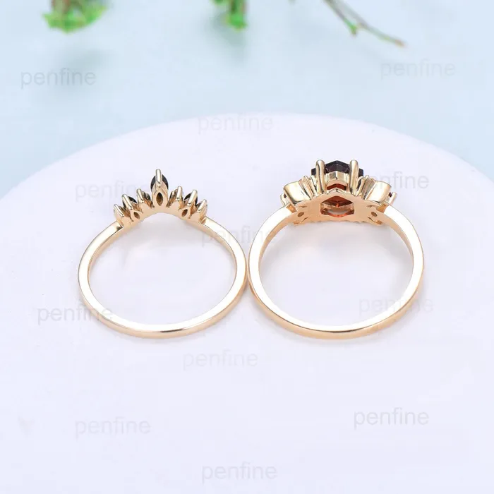 PENFINE Rings Nature Inspired flower alexandrite engagement ring set twig leaves emerald wedding ring set Vintage flower amethyst stacking bridal set