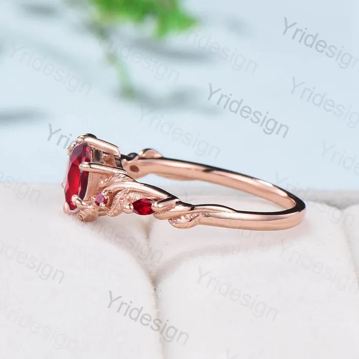 PENFINE Vintage Red Ruby Ring Hexagon Cut Retro leaf Engagement Ring 5 Stone Unique Women Bridal Ring Rose gold nature inspired anniversary ring Rings