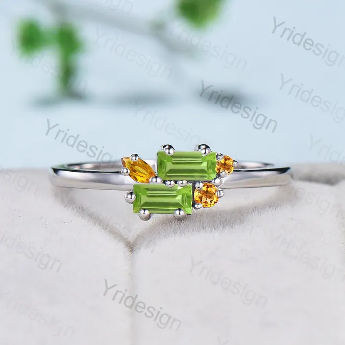 Rings PENFINE Unique Baguette Peridot Wedding Ring Vintage Citrine Peridot Wedding Ring Stacking Promise Ring August Birthstone Ring Anniversary Gift