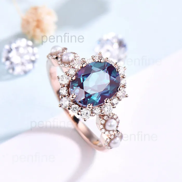 Rings PENFINE Vintage Oval Alexandrite Pearl Diamond Engagement Ring Rose Gold will002
