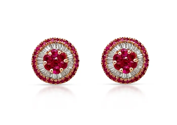 Albert Hern Earrings 18kt Gold CenterBorder Rubies Diamonds Mini Pizza Earrings