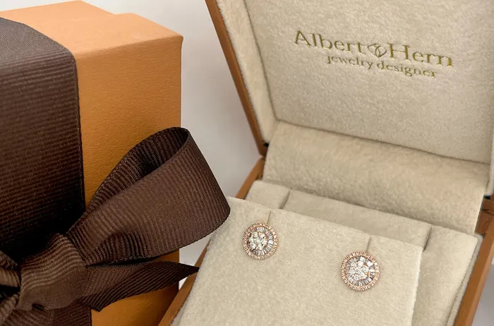 Albert Hern Earrings Earrings 18kt Rose Gold Baguette Round Diamonds Pizza