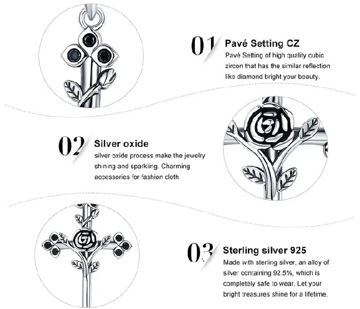 Cross with Rose Black CZ Oxidized Sterling Silver Unique AliExpress bamoer Rings