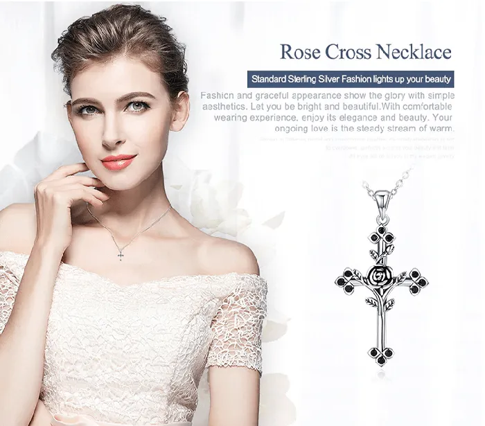 Cross with Rose Black CZ Oxidized Sterling Silver Unique AliExpress bamoer Rings