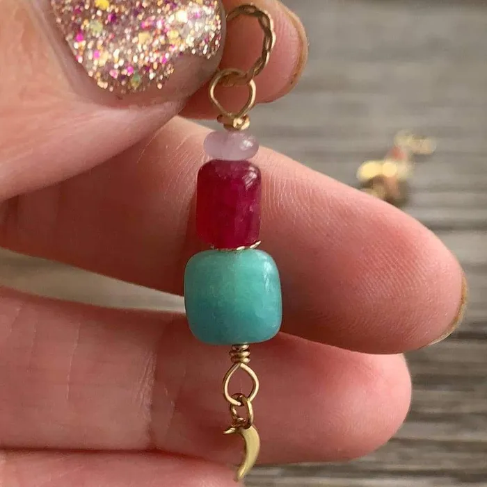 Necklaces Amazonite Moon Pendant Rubellite and Lavender Jade Bronze Moon Gold Filled Handmade Love Vintage Paris