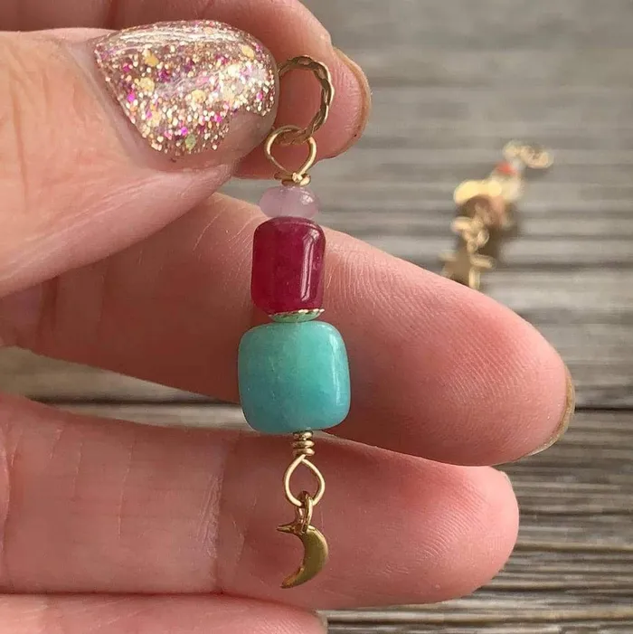 Necklaces Amazonite Moon Pendant Rubellite and Lavender Jade Bronze Moon Gold Filled Handmade Love Vintage Paris