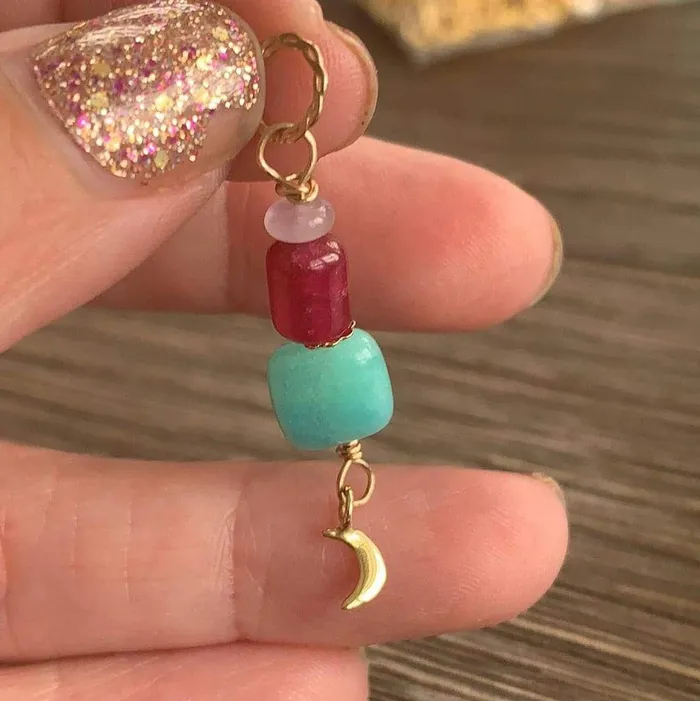 Necklaces Amazonite Moon Pendant Rubellite and Lavender Jade Bronze Moon Gold Filled Handmade Love Vintage Paris