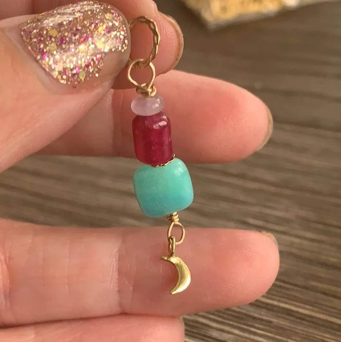 Necklaces Amazonite Moon Pendant Rubellite and Lavender Jade Bronze Moon Gold Filled Handmade Love Vintage Paris