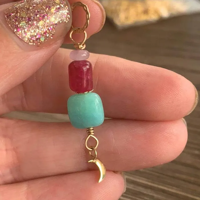 Necklaces Amazonite Moon Pendant Rubellite and Lavender Jade Bronze Moon Gold Filled Handmade Love Vintage Paris