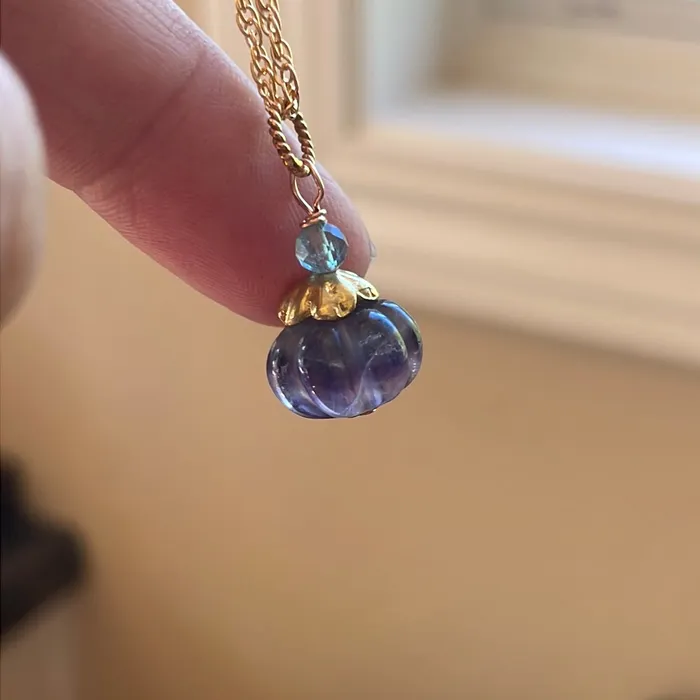 Necklaces Carved Fluorite Pumpkin Necklace Gold Filled Handmade Vintage Paris Jewelry