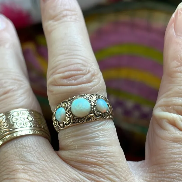 Rings Opal Trilogy Ring Engraved 10k Gold Vintage Vintage Paris Jewelry