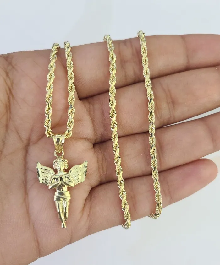10k 25mm Rope Chain Praying Angel Pendant 1830 Yellow Gold Set Charm Necklace Gold and Diamond Necklaces 10k 25mm Rope Chain Praying Angel Pendant 1830 Yellow Gold Set Charm Necklace Gold and Diamond Necklaces