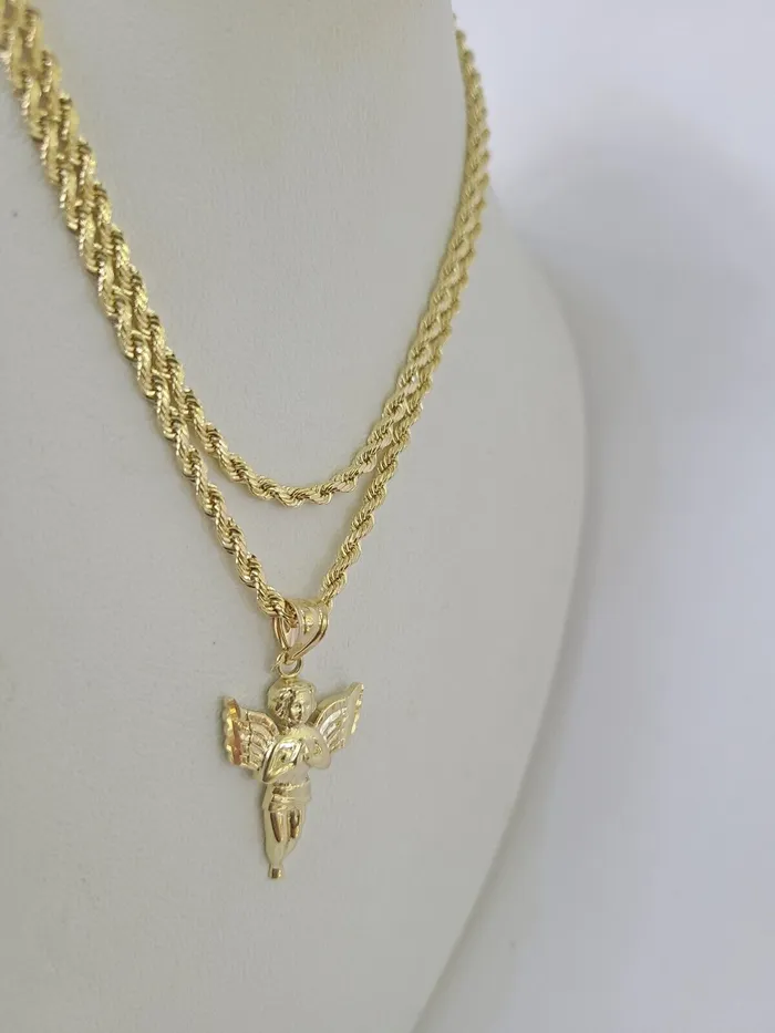 10k 25mm Rope Chain Praying Angel Pendant 1830 Yellow Gold Set Charm Necklace Gold and Diamond Necklaces