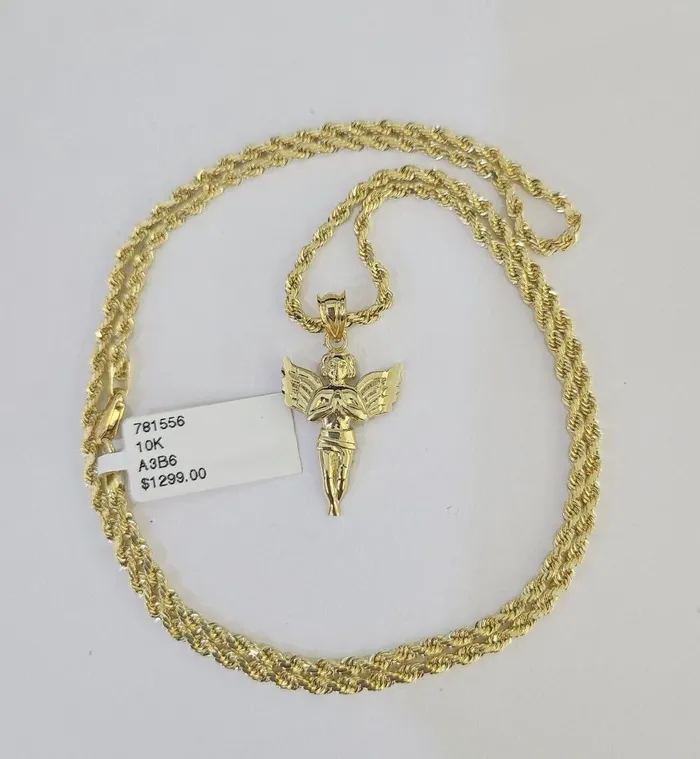 10k 25mm Rope Chain Praying Angel Pendant 1830 Yellow Gold Set Charm Necklace Gold and Diamond Necklaces