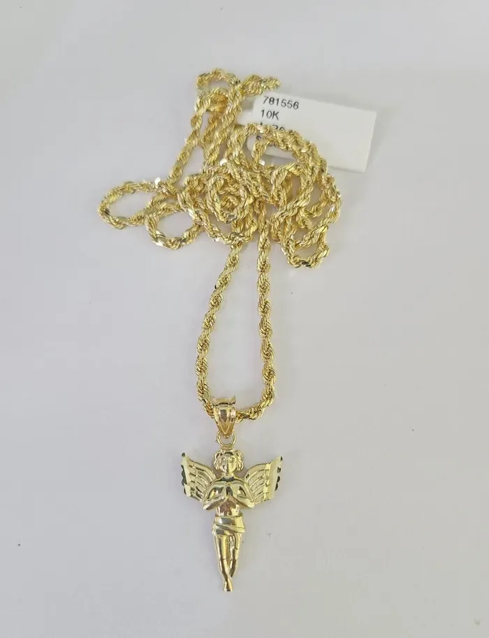 10k 25mm Rope Chain Praying Angel Pendant 1830 Yellow Gold Set Charm Necklace Gold and Diamond Necklaces