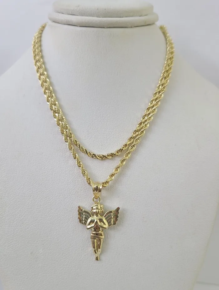 10k 25mm Rope Chain Praying Angel Pendant 1830 Yellow Gold Set Charm Necklace Gold and Diamond Necklaces