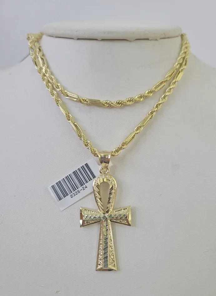 10k Milano Rope Chain Ankh Jesus Cross Charm Necklace SET 3mm 18 20 22 24 Gold and Diamond Necklaces 10k Milano Rope Chain Ankh Jesus Cross Charm Necklace SET 3mm 18 20 22 24 Gold and Diamond Necklaces