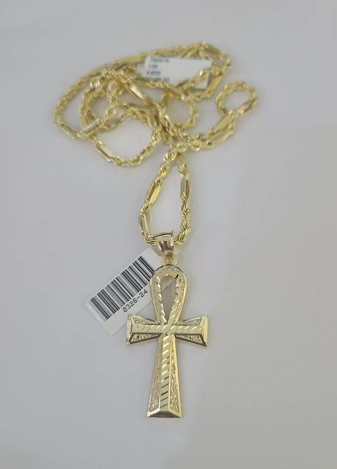10k Milano Rope Chain Ankh Jesus Cross Charm Necklace SET 3mm 18 20 22 24 Gold and Diamond Necklaces