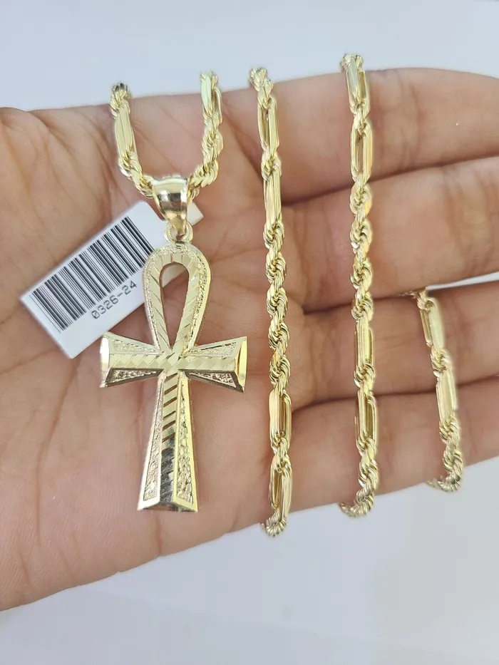 10k Milano Rope Chain Ankh Jesus Cross Charm Necklace SET 3mm 18 20 22 24 Gold and Diamond Necklaces