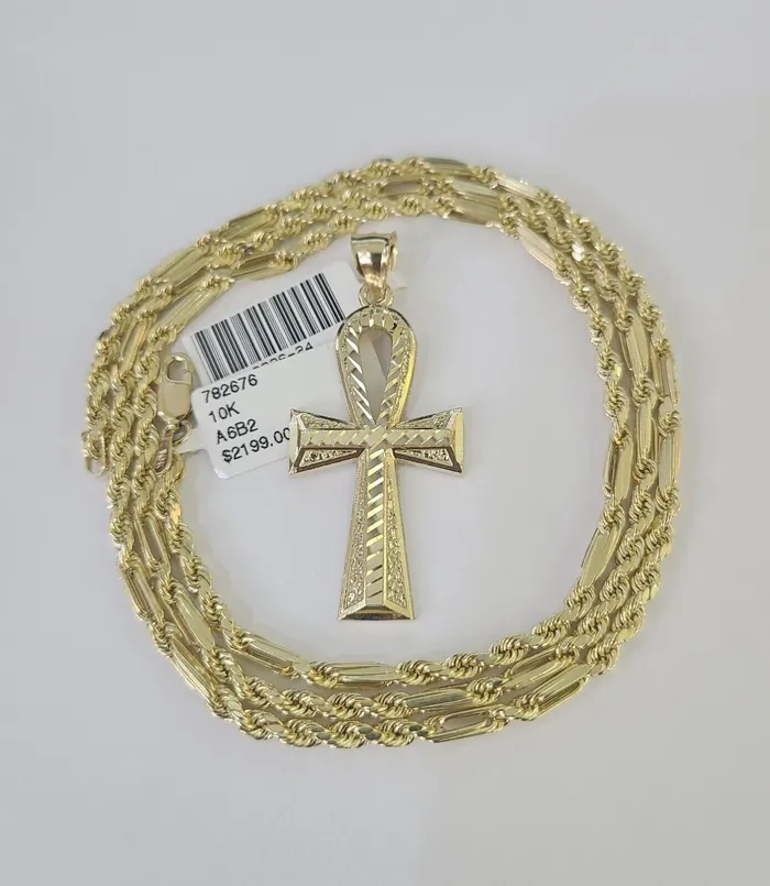 10k Milano Rope Chain Ankh Jesus Cross Charm Necklace SET 3mm 18 20 22 24 Gold and Diamond Necklaces