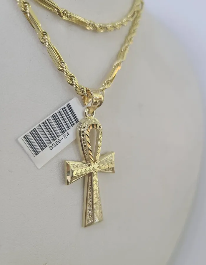 10k Milano Rope Chain Ankh Jesus Cross Charm Necklace SET 3mm 18 20 22 24 Gold and Diamond Necklaces