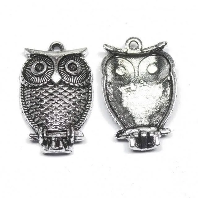 4 Owl Charms Antique Silver Tone Bird Charm SC129 Beads Supplies USA Charm Necklaces