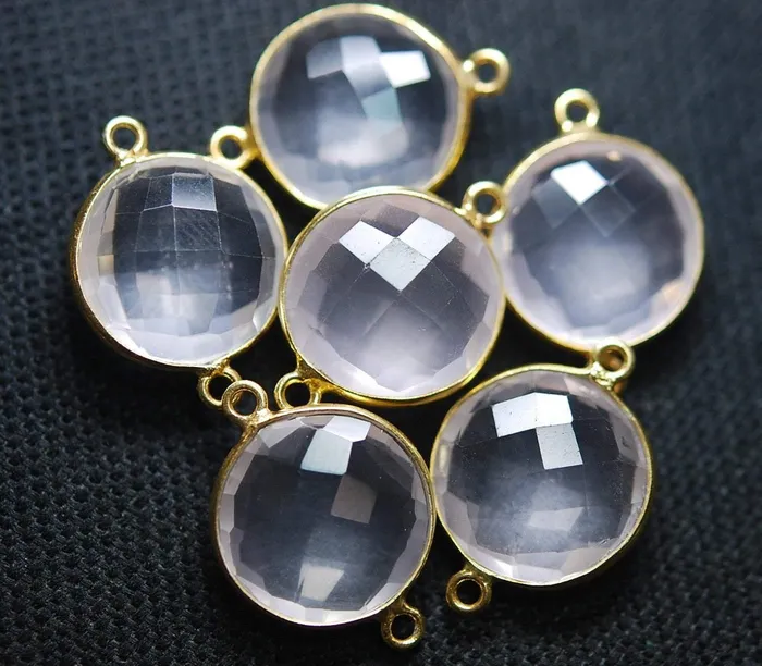 925 Silver Vermeil Rose Quartz Faceted Pendant Connector 24K Gold Plated 2 Piece Of 23mm Beads Supplies USA Necklaces